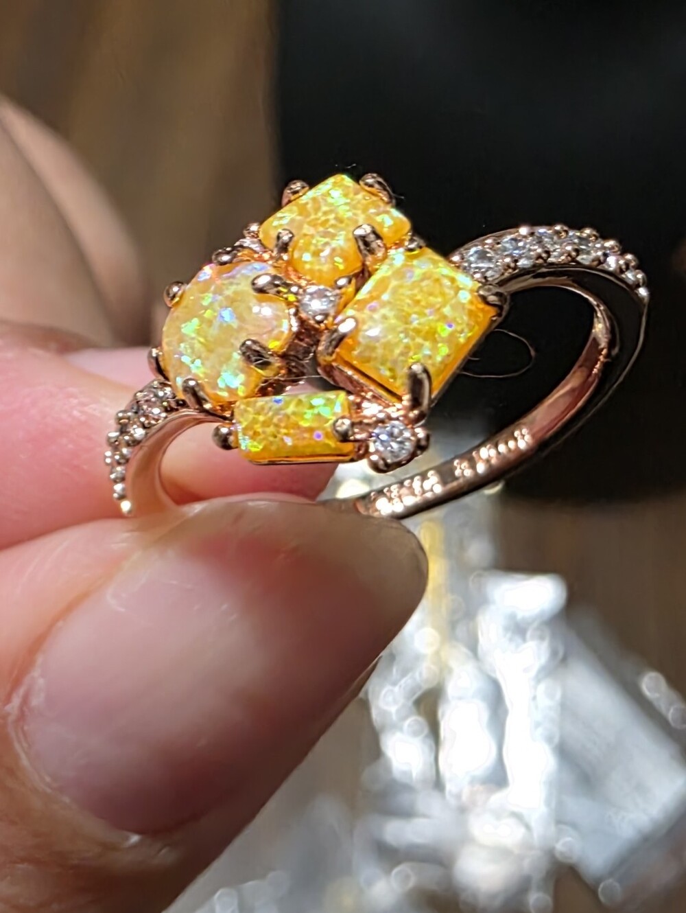 Yellow Fire Opal Cluster Statement Ring in Yellow Gold Tone- Rhodium Plated💎💍